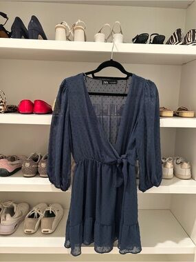 Zara Navy Swiss Dot Wrap Mini Dress
